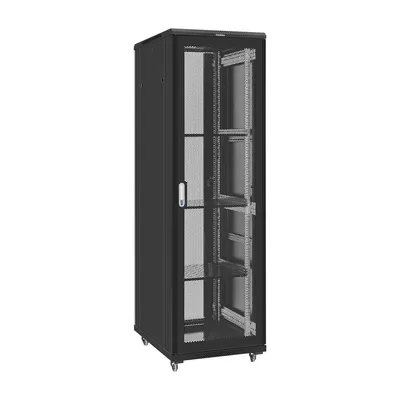 Шкаф телекоммуникационный 19" напольный 42U ExeGate EC-FS-42U.600.800.V.V.BLACK (19”, 42U, 600x800x2054mm (ШхГхВ), передняя и задняя двери перфорированные, съемные боковые панели, пыле- и влагозащита IP20, встроенный вентиляционный модуль, 1 полка в комплекте, черный RAL 9004, 3 коробки)