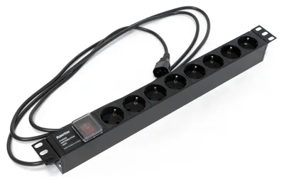 Hyperline SHE19-8SH-S-2.5IEC Блок розеток для 19" шкафов, горизонтальный, с выключателем с подсветкой, 8 розеток Schuko (10A), 250В, кабель питания 3х1.0мм2, длина 2.5 м, с вилкой IEC 320 C14, 482.6x4