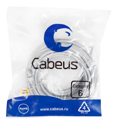 Патч-корд Cabeus PC-FTP-RJ45-Cat.6-15m-LSZH, F/UTP, Cat.6, 15м, серый