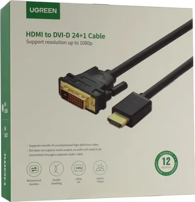 Кабель UGREEN HD106 10136, HDMI — DVI, 3 м, 1080p, HDMI 1.4
