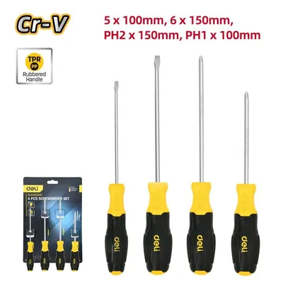 Набор отвёрток DELI DL630004N, 4 шт, SL5x100, SL6x150, PH1x100, PH2x150, Cr-V