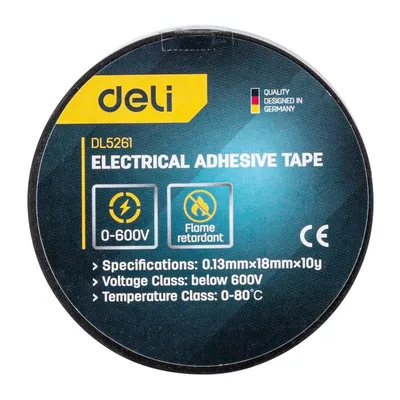 Изолента DELI DL5261, ПВХ, 18 мм × 0,13 мм × 10 м, до 600 В