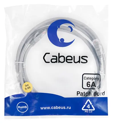 Патч-корд Cabeus PC-UTP-RJ45-Cat.6a-3m-LSZH, Cat.6a U/UTP, 3м, LSZH