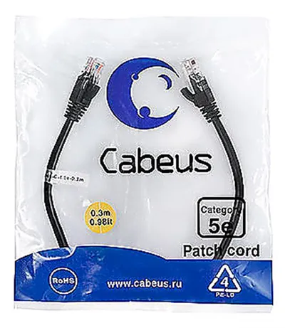 Патч-корд Cabeus PC-UTP-RJ45-Cat.5e-0.3m-BK, U/UTP Cat.5e, 2xRJ45, 0.3 м, LSZH