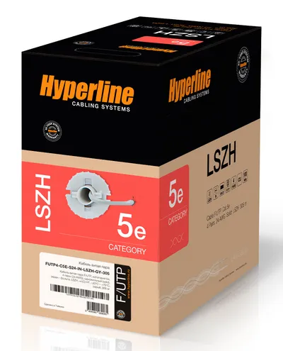 Кабель Hyperline FUTP4-C5E-S24-IN-LSZH-GY-305, F/UTP кат. 5e, 4 пары 24 AWG, LSZH, 305 м