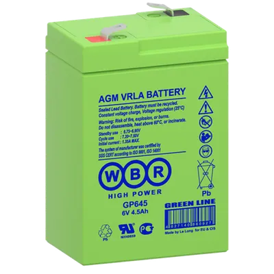 Аккумулятор WBR GP645, 6 В / 4,5 Ач, AGM, клемма F1/F2, 70×47×106 мм