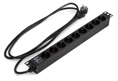 Блок силовых розеток Hyperline SHE19-(X)SH, Shuko х 9, вход IEC 320 C14, для шкафов, шнур 2,5 м, 44х482,6х44,4 мм (ВхШхГ), 16А, серый