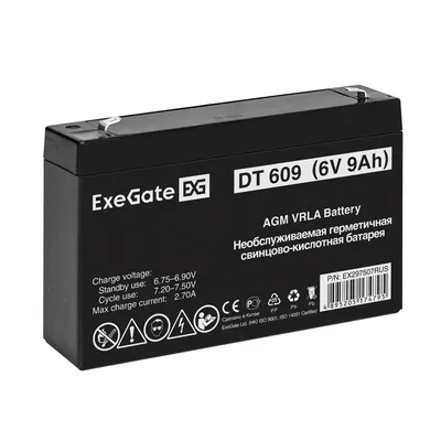 Аккумуляторная батарея ExeGate DT 609-F2, 6 В, 9 А·ч, клеммы F2, AGM