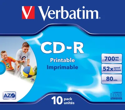 Диски CD-R Verbatim Printable Surface, 700 МБ, 80 мин, 52x, Jewel Case, 10 шт