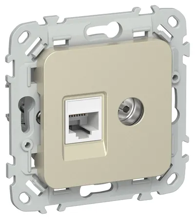 Розетка IEK FLITE FI-AK22-1-K37, 2-местная RJ45/TV, кат. 5E UTP, IP20, шампань
