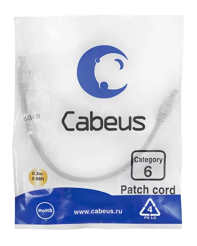 Патч-корд Cabeus PC-UTP-RJ45-Cat.6-0.3m, UTP cat.6, 2×RJ45, 0.3м