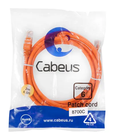 Патч-корд Cabeus PC-UTP-RJ45-Cat.6-2m-OR, U/UTP Cat.6, 2×RJ45, 2м, оранжевый