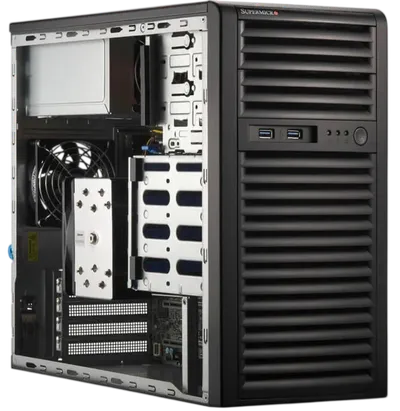 Серверная платформа/ Supermicro Mainstream Server Mini-Tower, 1x LGA1718 (AMD EPYC™ 4004 / 4005; Ryzen™ 7000 / 9000), 4x DDR5 Up to 192GB, 4x fixed 3.5" SATA, 2x M.2 NVMe PCIe 5.0 x4 (M-key 2280/22110), 2x 5.25" bays, 1x PCIe 5.0 x16 FHFL, 1x RJ45 1GbE with Realtek RTL8211F PHY (dedicated IPMI), 2x RJ45 1GbE with Intel® I210-AT, up to 1x double-width GPU, 1x 668W Power
