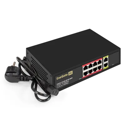 Коммутатор ExeGate EDES-1010D.8PoE-96W, 8×100 Мбит/с PoE+ и 2×RJ45, 96 Вт