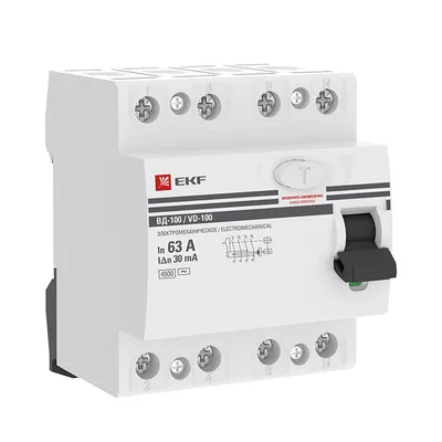 УЗО EKF ВД-100 PROxima elcb-4-63-30-em-pro, 4P, 63 А, 30 мА, тип AC, электромеханическое