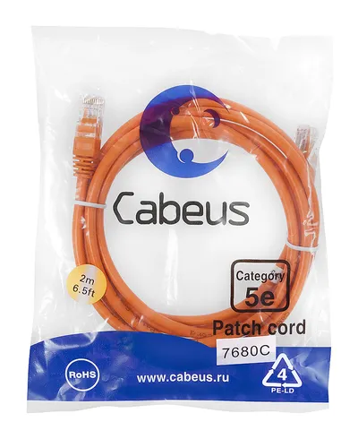 Патч-корд Cabeus PC-UTP-RJ45-Cat.5e-2m-OR, U/UTP, Cat.5e, RJ45, 2 м
