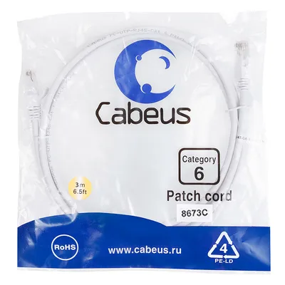 Патч-корд Cabeus PC-UTP-RJ45-Cat.6-3m-WH, cat.6, U/UTP, 3м, белый