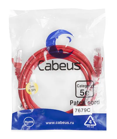 Патч-корд Cabeus PC-UTP-RJ45-Cat.5e-2m-RD-LSZH, U/UTP, Cat.5e, 2м, красный