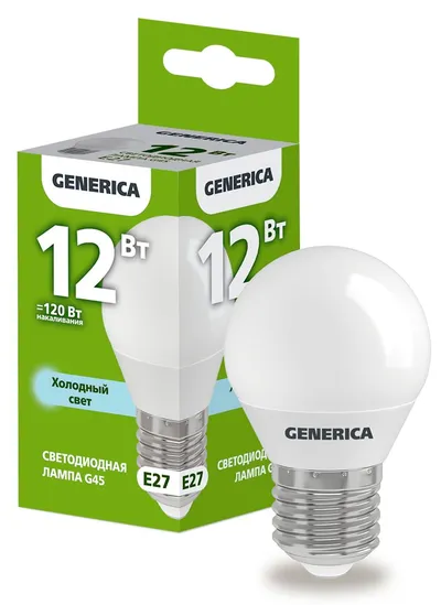 Лампа LED ИЭК GENERICA G45, 12 Вт, 230 В, 6500К, E27