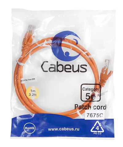 Патч-корд Cabeus PC-UTP-RJ45-Cat.5e-1m-OR-LSZH, Cat5e UTP, 0.3м, желтый