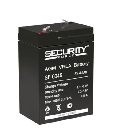 Аккумулятор Security Force SF 6045, 6 В, 4.5 А·ч, AGM, клемма F1