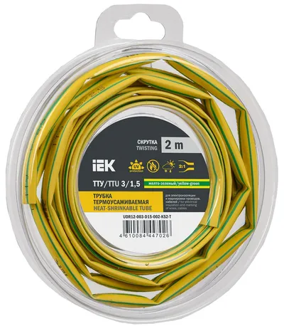 Трубка термоусадочная IEK ТТУ нг-LS UDR12-003-D15-002-K52-T, 3/1,5 мм, жёлто-зелёная, 2 м