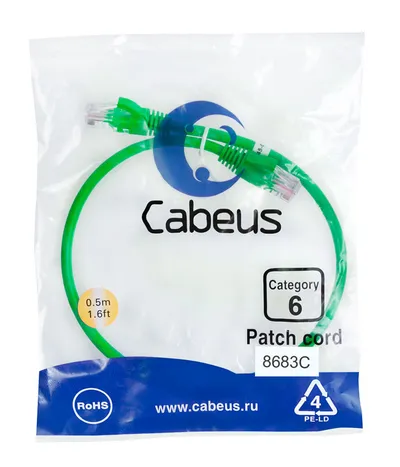 Патч-корд Cabeus PC-UTP-RJ45-Cat.6-0.5m-GN, U/UTP Cat.6, 2×RJ45, 0,5 м, зелёный