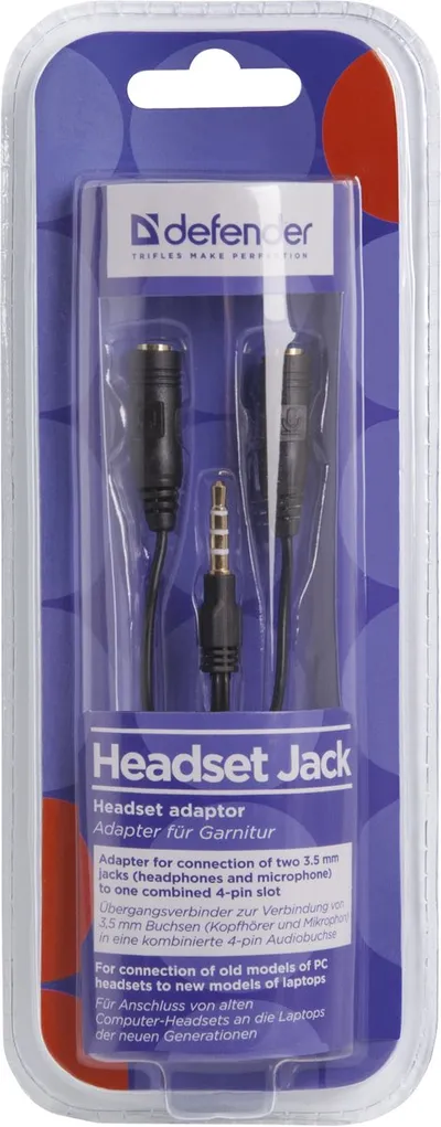 Переходник Defender Headset Jack 63012, 2xJack 3.5 F — Jack 3.5 M 4-pin, 0.15 м