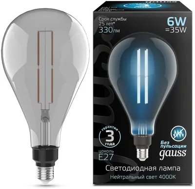 Лампа светодиодная GAUSS Filament Vintage 6 Вт, E27, 4000K, 330 лм, 220 В