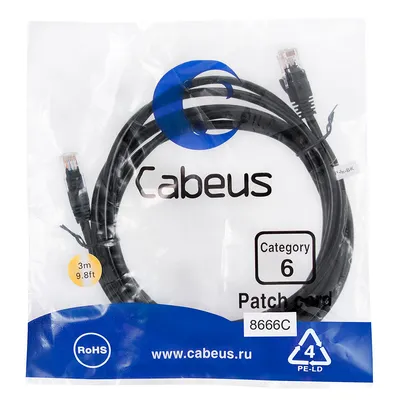 Патч-корд Cabeus PC-UTP-RJ45-Cat.6-3m-BK, U/UTP кат. 6, 2×RJ45, 3 м, черный