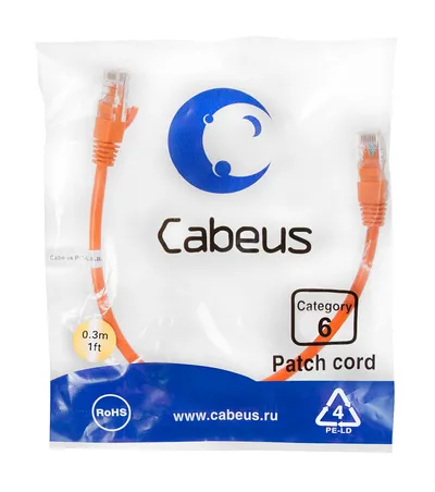 Патч-корд Cabeus PC-UTP-RJ45-Cat.6-0.3m-OR, U/UTP Cat.6, 0.3м, оранжевый, PVC