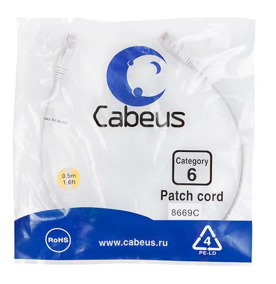 Патч-корд Cabeus PC-UTP-RJ45-Cat.6-0.5m-WH, Cat.6, U/UTP, 0.5м, белый