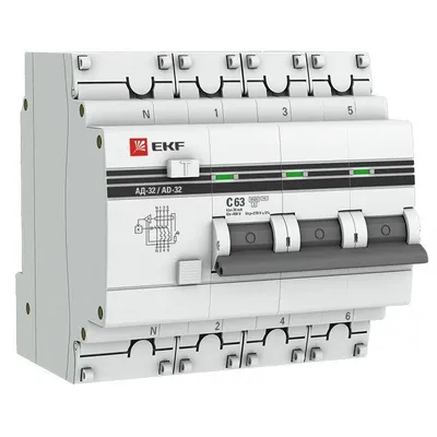 Дифференциальный автомат EKF АД-32 DA32-63-30-4P-pro, 3P+N, 63 А, 30 мА, тип AC, 4,5 кА