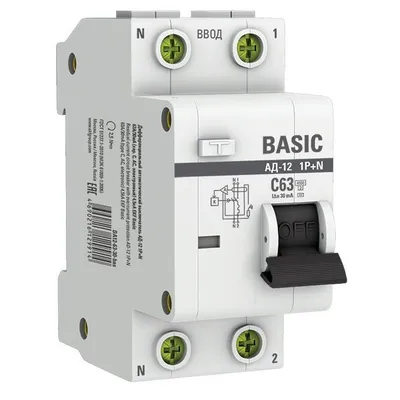 Выключатель дифференциального тока EKF DA12-63-30-bas, 1P+N, C63A, 30мА, 4.5кА