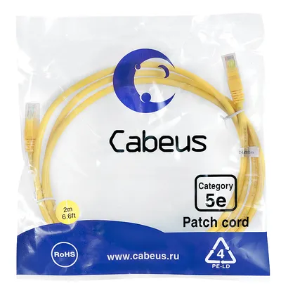 Патч-корд Cabeus PC-UTP-RJ45-Cat.5e-2m-YL, U/UTP Cat.5e, 2м, желтый