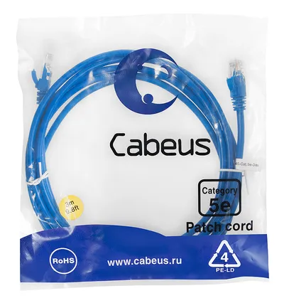 Патч-корд Cabeus PC-UTP-RJ45-Cat.5e-3m-BL-LSZH, U/UTP, Cat.5e, 3м, LSZH