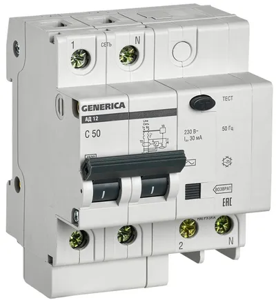 Выключатель дифференциального тока IEK MAD15-2-050-C-030, 2П, 50 А, 30 мА, тип C, 4,5 кА