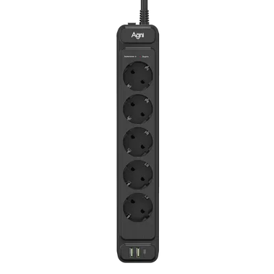Сетевой фильтр AGNI TP-FS3U5E-PD-2m-black, 5 розеток, 2xUSB, Type-C, 2м