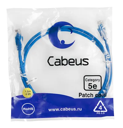 Патч-корд Cabeus PC-UTP-RJ45-Cat.5e-1.5m-BL, U/UTP, Cat.5e, 1.5м