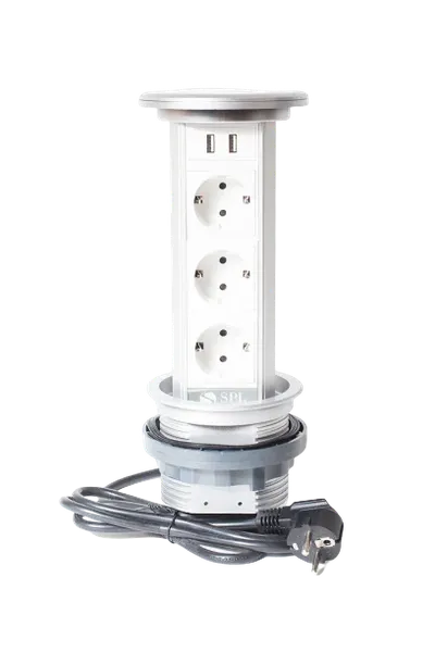 Блок розеточный настольный SPL 400006, 3 поста 45×45 + 2 USB, беспроводная зарядка, IP54, алюминий