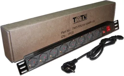 Блок распределения питания TWT TWT-PDU19-10A8P-1.8, 8×Schuko, 10А, 1U, 1.8м