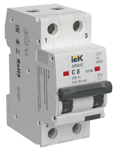 АВДТ IEK ARMAT B10N 2P C8 30мА тип AC, 10 кА
