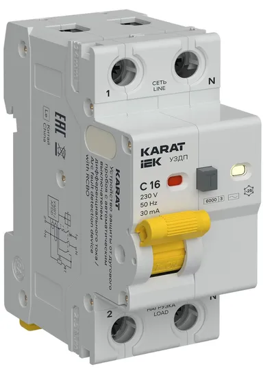 Устройство защиты от дугового пробоя IEK KARAT KA-DP12-1-016-C-030-AC, 1P+N, C 16 А, 30 мА, тип AC