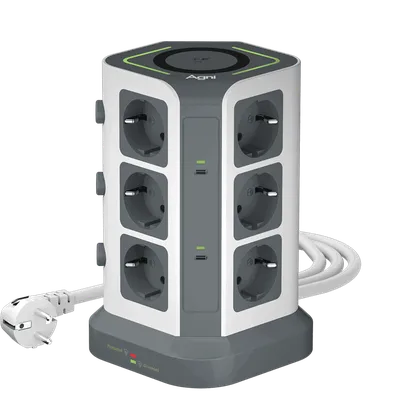Сетевой фильтр AGNI TP-VG6U12E-C-W-2m-grey-white, 12 розеток, 16А, 3×USB, 2×Type-C