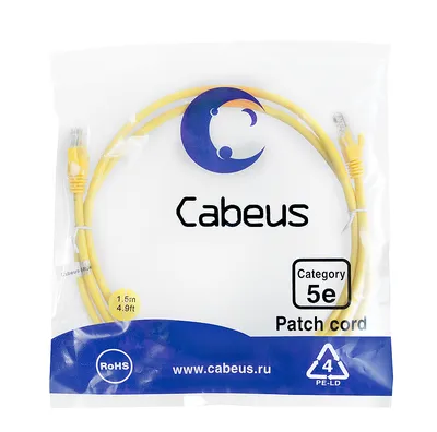 Патч-корд Cabeus PC-UTP-RJ45-Cat.5e-1.5m-YL-LSZH, UTP, кат.5e, 1,5 м, жёлтый