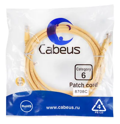 Патч-корд Cabeus PC-UTP-RJ45-Cat.6-3m-YL, Cat.6, 3 м, жёлтый