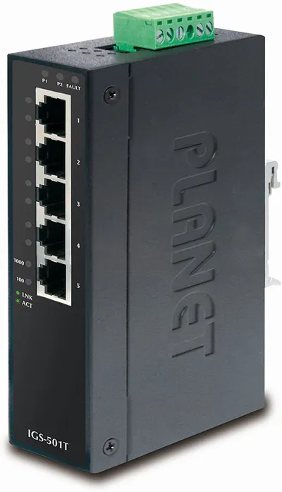Коммутатор PLANET IGS-501T, 5×1GbE, неуправляемый, IP30, -40…75 °C