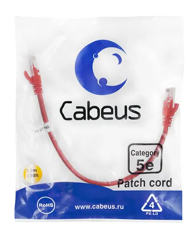 Патч-корд Cabeus PC-UTP-RJ45-Cat.5e-0.3m-RD-LSZH Патч-корд U/UTP, категория 5е, 2xRJ45/8p8c, неэкранированный, красный, LSZH, 0.3м