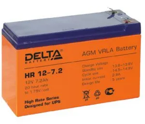Аккумулятор DELTA HR 12-7.2, 12 В, 7,2 А·ч, AGM, клеммы F1