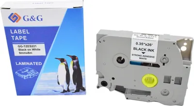 Лента для печати этикеток G&G GG-TZES221, 9мм x 8м, Black on White, для Brother